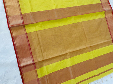 Maheshwari Cotton Tissue Silk Saree | Handloom Mark | Yellowish Green with Red Border | Ships from California